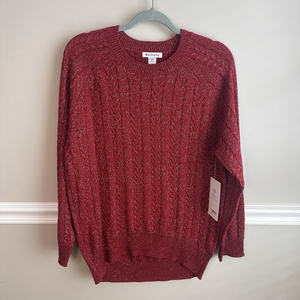 Athleta Women Crossroads Crew Cable Knit Red Sweater S Metallic Holiday Wool NWT